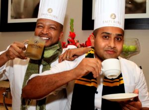 Emperors Palace chefs, Kenny Molefe and Justin Jonah beat the cold with a hot cup of coco as they prepare for a busy season of delegates and conference goers.