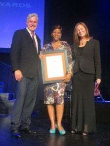 Receiving an award for a decade of service at the recent long service awards at Carnival City is Tables Inspector Stephina Moeng (centre). She is pictured here withTristan Kaatze (Group Director A& G Gaming), and Annemie Turk (General Manager at Carnival City).