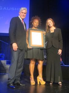 Bianca Fraser (centre, the Senior Admin Clerk at Carnival City, also received an award for 16 years of service. With her is Tristan Kaatze (Group Director A& G Gaming) and Annemie Turk (Carnival City’s General Manager).