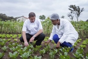 Jason Millar, the Executive Chef at Sun International’s award-winning The Maslow hotel, and Gugu Mlipha, founder of Gugu & Daughters Farming, and surveyfledging plants at her vegetable garden near Walkerville.