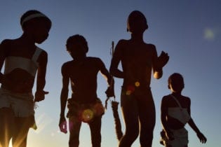 Elia Fester & children, Kalahari Khomani San Bushman, Boesmansrus camp, Northern Cape, South Africa