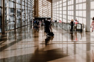 Travelers in a busy airport