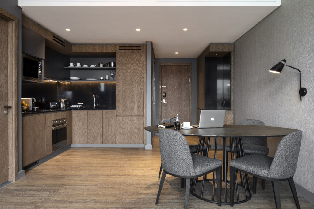 The kitchen and dinning area in a Marriott executive apartment