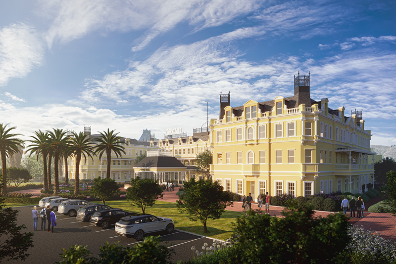 Two identical three-story wings, positioned symmetrically on either side of the existing entrance and Porte Cochere, were added to The Grand Hotel